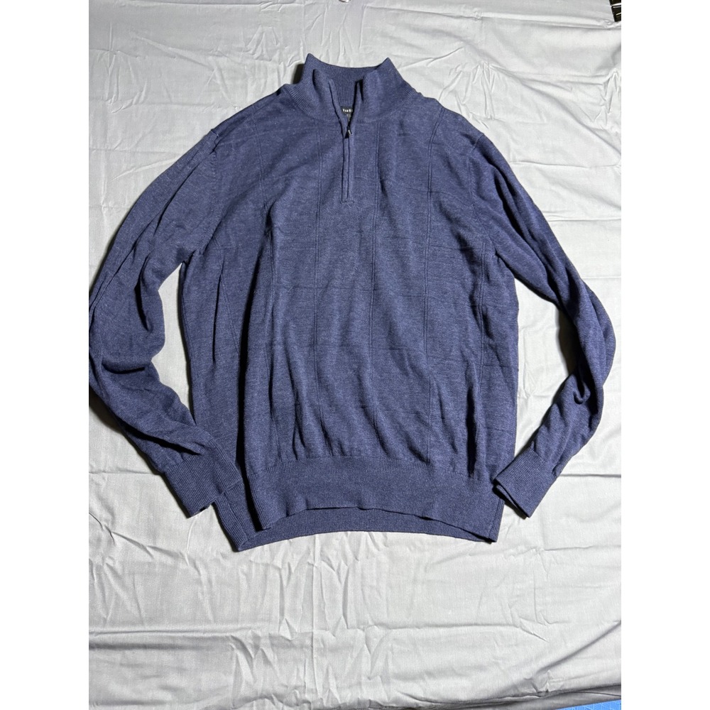Van Heusen Quarter Zip Sweater Mens XL Blue Good Windowpane Knit Pullover